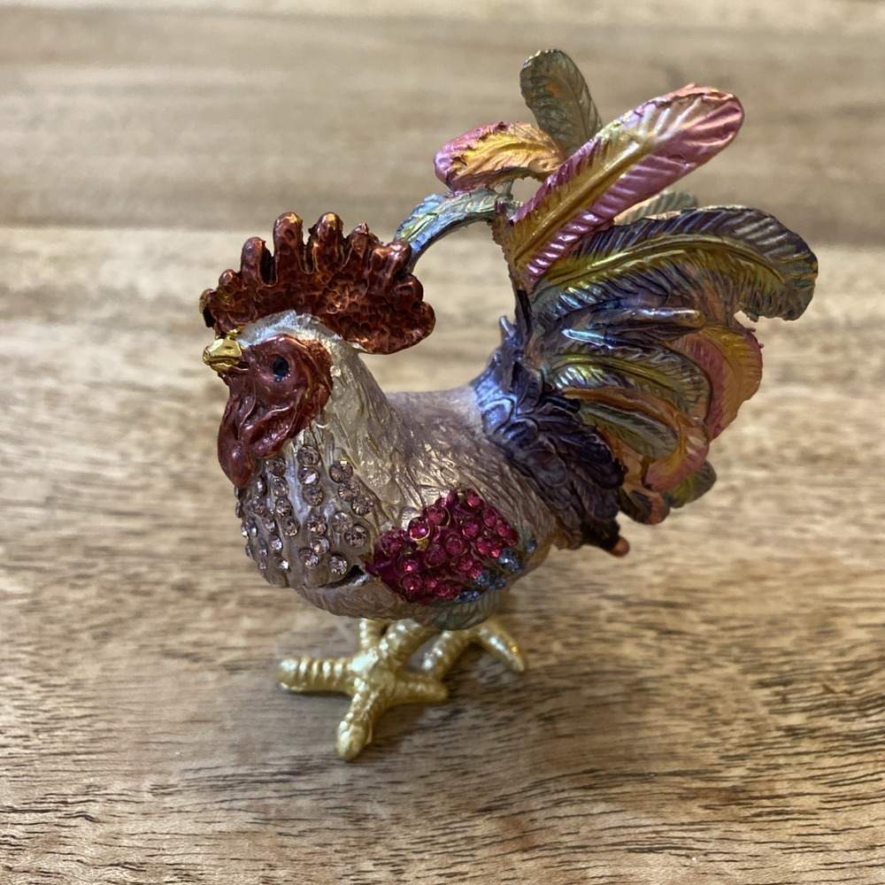 Multicolor Metal Bejewled Rooster Chicken Trinket Box Enameled Interior